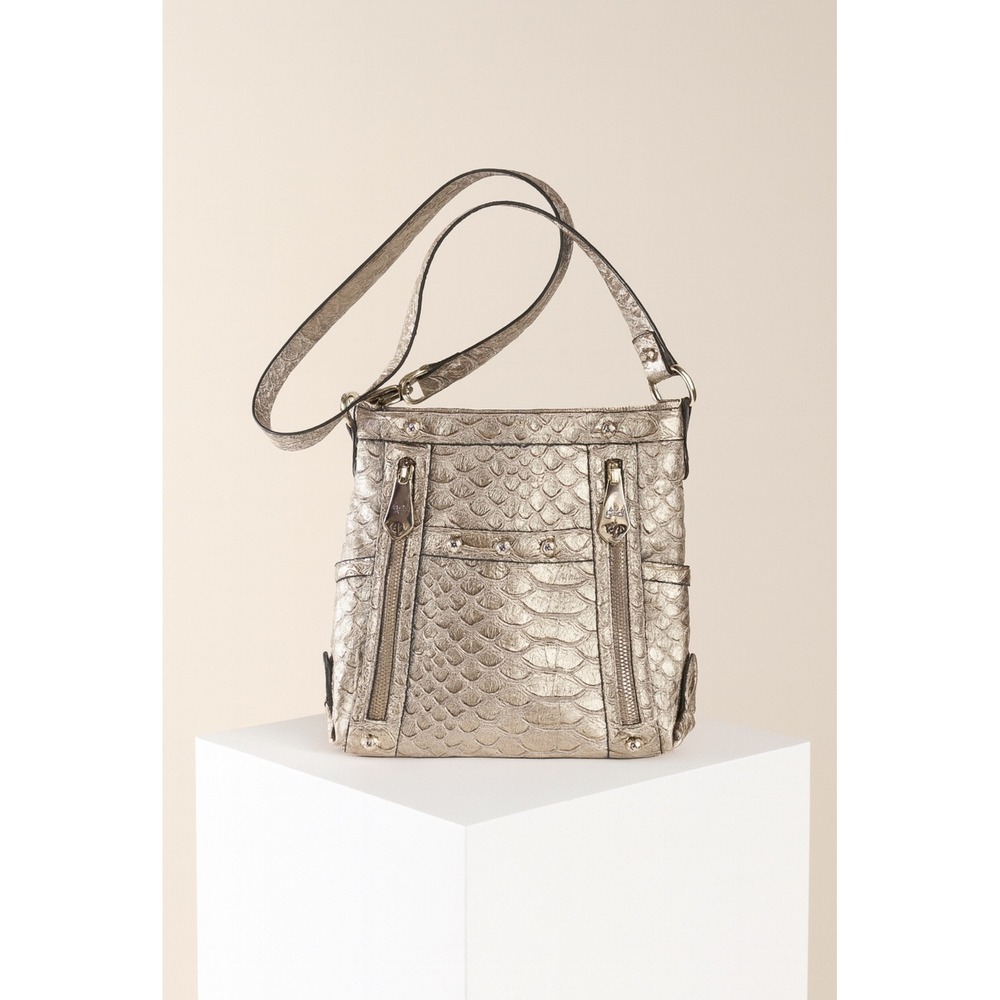 Y2K Vintage Genna De Rossi Women Silver Gator Print Studded Crossbody Bag Exotic